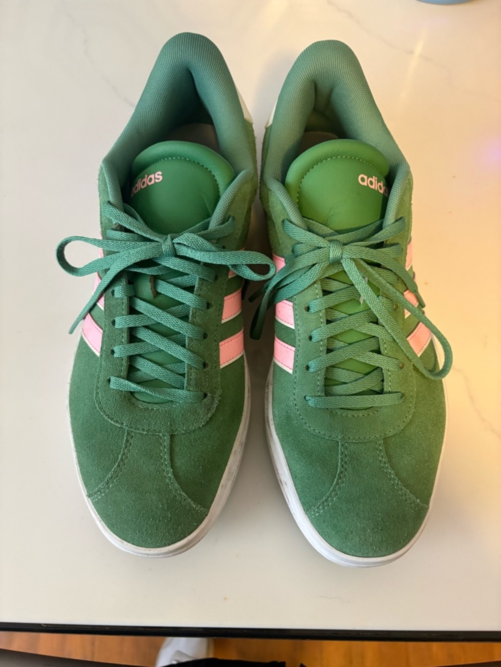 adidas Green Suede Sneakers with Pink Stripes